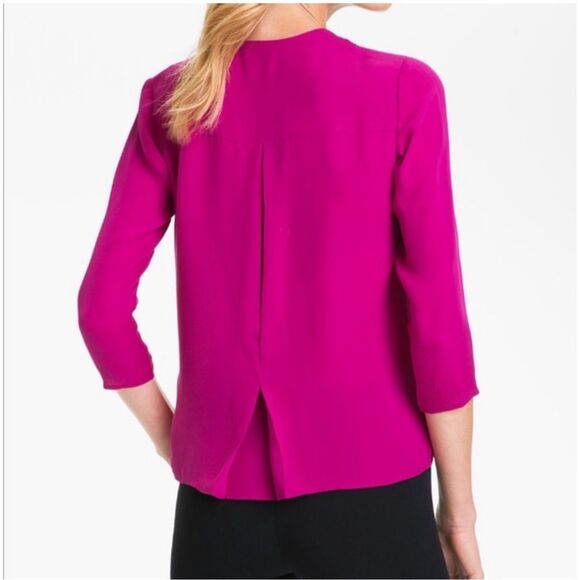 Theory 3/4 sleeve fuchsia hot pink silk zipper neckline blouse size petite - Picture 2 of 14